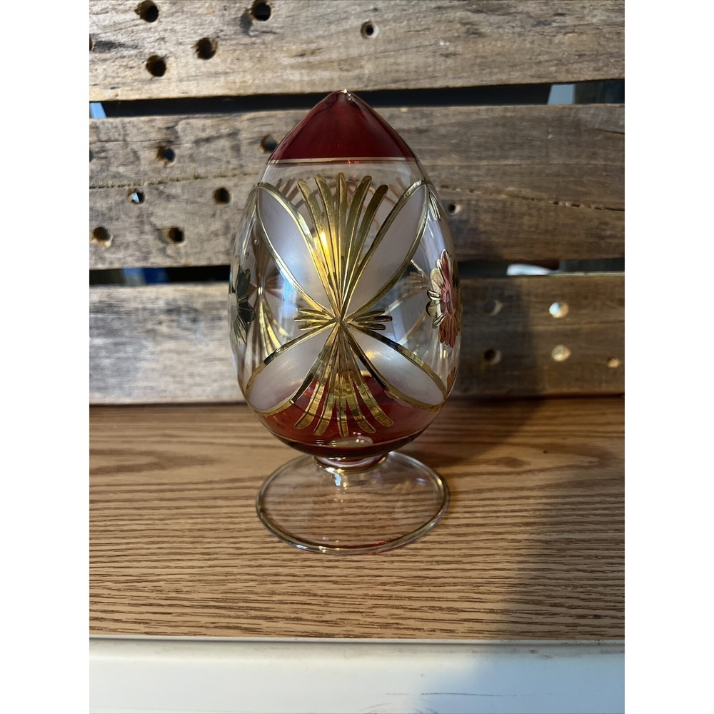 Egyptian Glass Red & 24K Gold Trim Glass Egg On Pedestal Mouth Blown Glass 7.5"